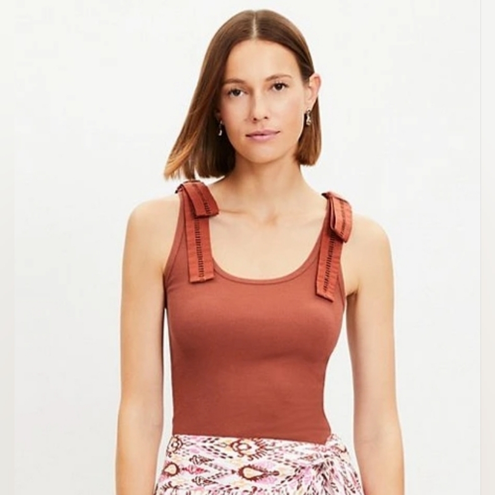 NEW Loft Bow Tie Strap Burnt Orange Sleeveless Ribbed Tank Size Large Petite NWT